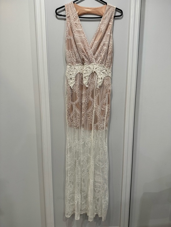 Hommage Dresses & Skirts - Lace Overlay Maxi Dress in Blush and Ivory